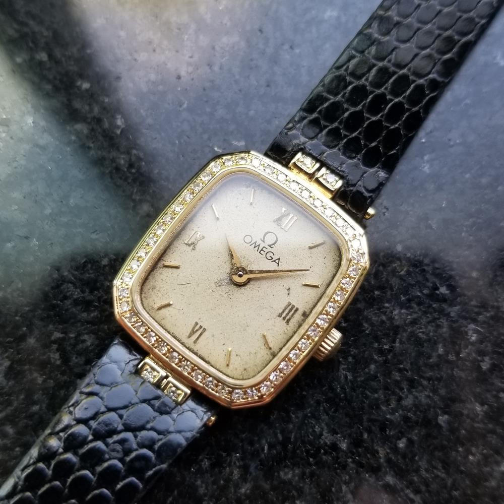 Ladies Omega 18k Solid Gold Diamond 1980s Quartz 18mm Dress Watch Swiss RAC2