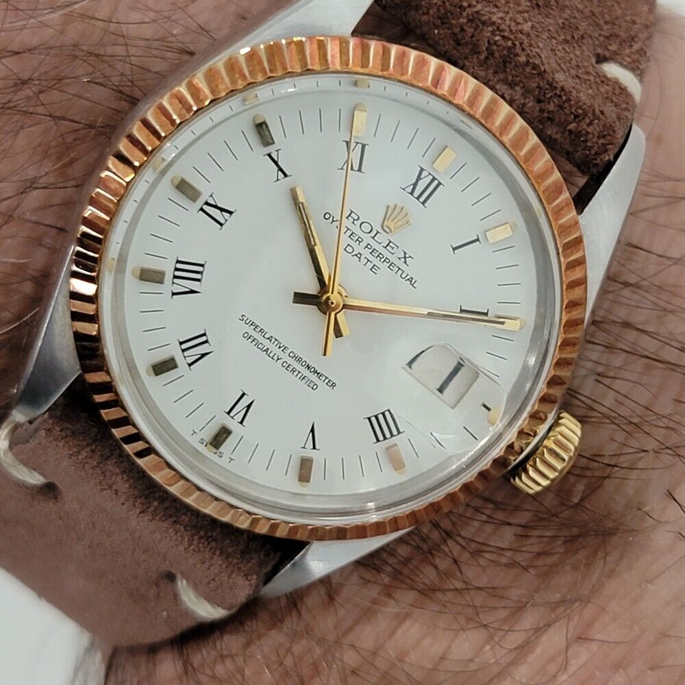 Mens Rolex Oyster Perpetual Date 1500 35mm Gold ss 1970s Automatic Swiss RA164B