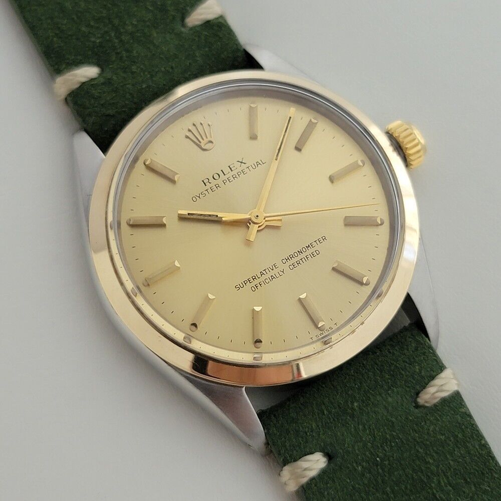 Mens Rolex Oyster Perpetual 1002 34mm Gold Bezel Automatic Vintage 1960s RA378G