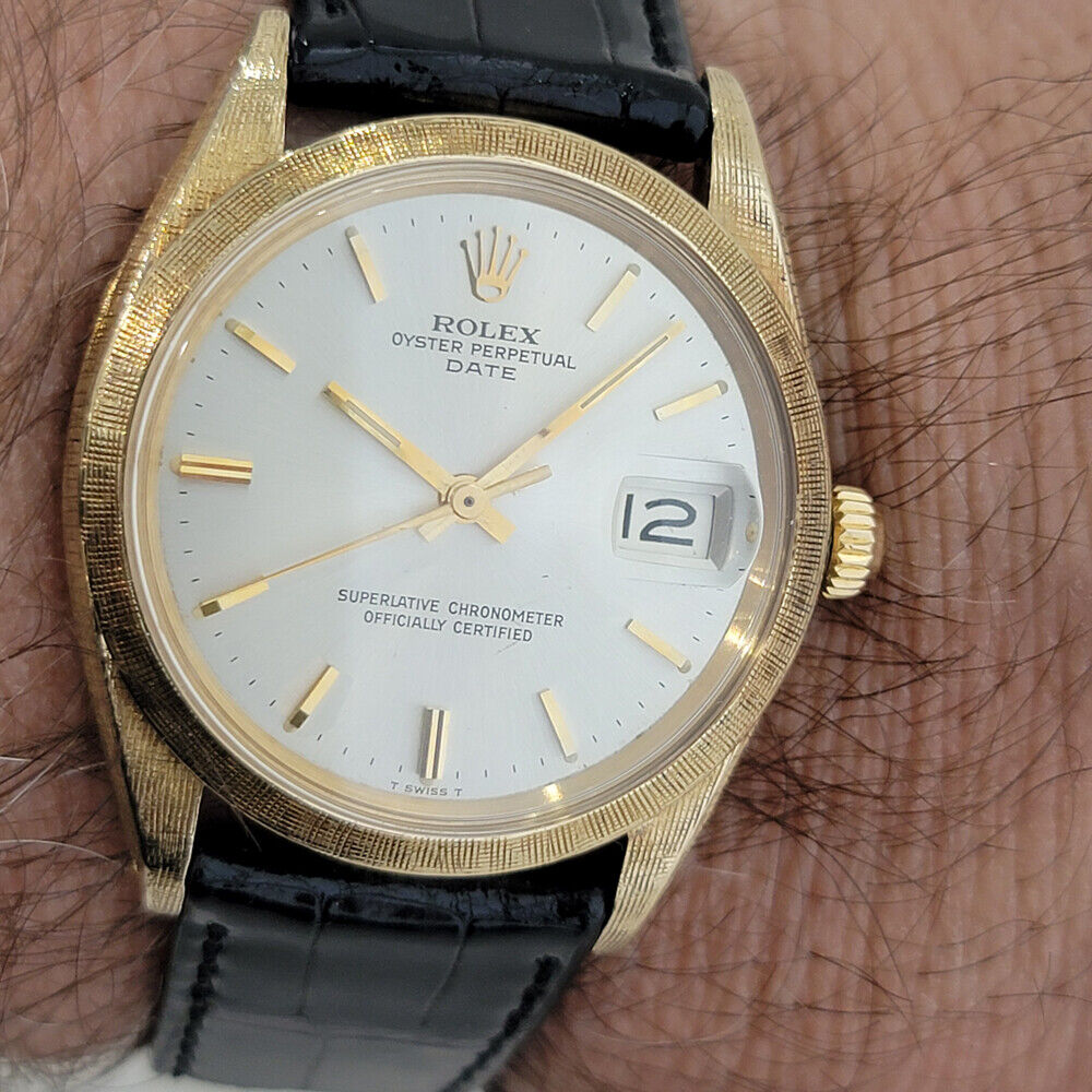 Mens Rolex Oyster Perpetual Date 1500 Etched 35mm 14K Gold Auto Swiss 1960 RA267