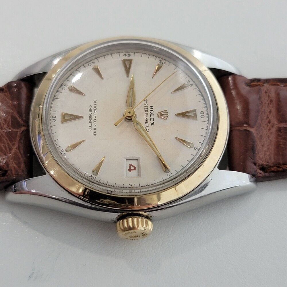 Mens Rolex Oyster Perpetual Ref 6105 18K SS Rare Red Date Automatic 1960s RA311B