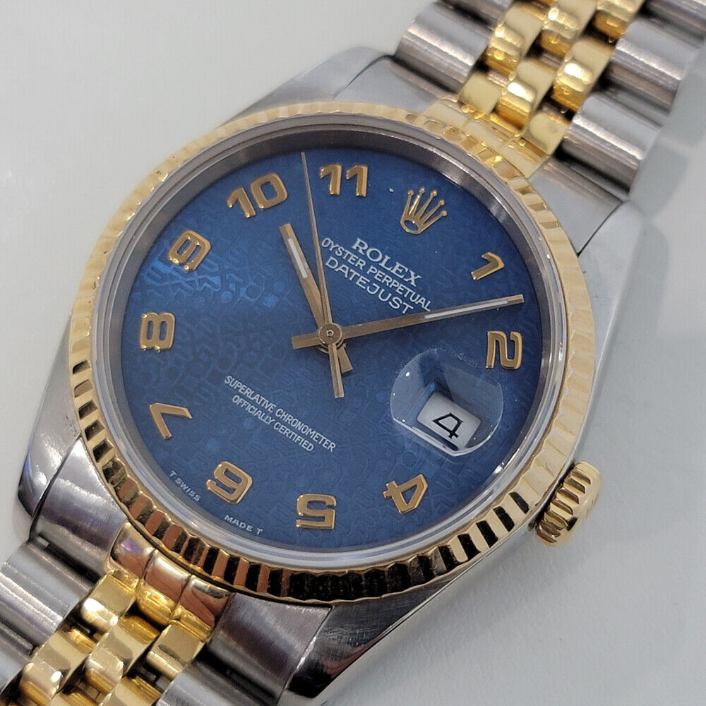 Mens Rolex Datejust 16233 Blue Computer Dial 1980s 36mm 18k Gold SS Swiss RA265