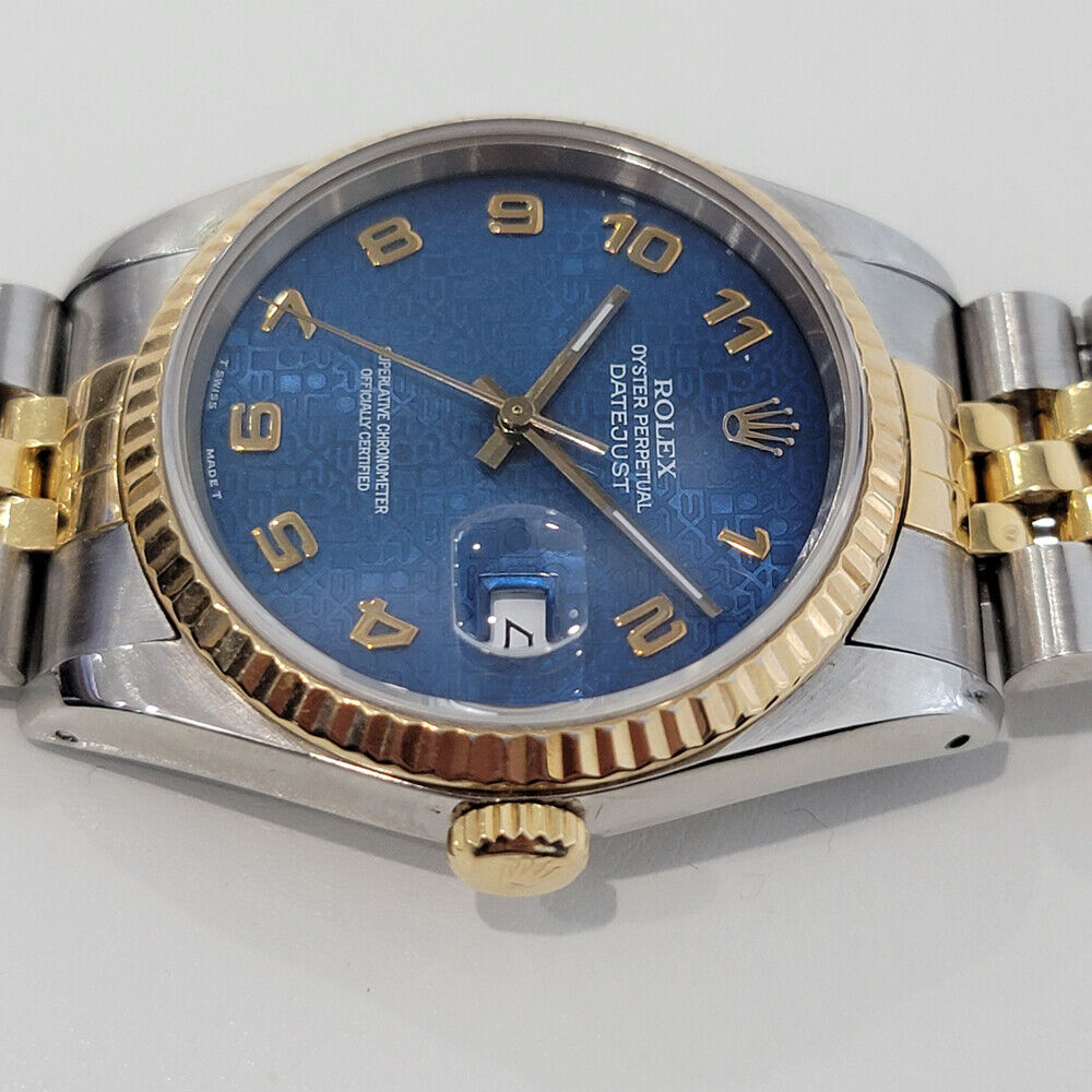 Mens Rolex Datejust 16233 Blue Computer Dial 1980s 36mm 18k Gold SS Swiss RA265