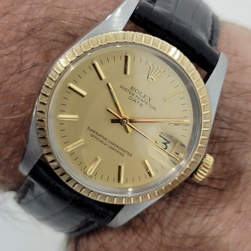 Mens Rolex Oyster Perpetual Date 1505 35mm 14k Gold ss 1970s Automatic RA165B