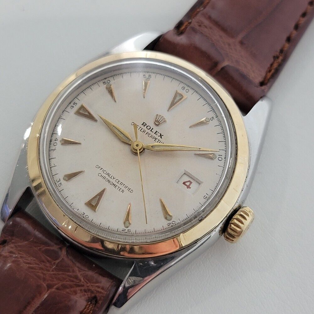 Mens Rolex Oyster Perpetual Ref 6105 18K SS Rare Red Date Automatic 1960s RA311B