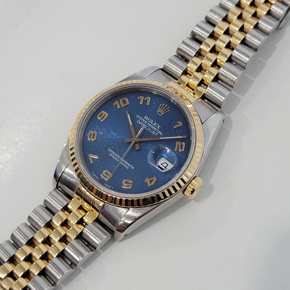 Mens Rolex Datejust 16233 Blue Computer Dial 1980s 36mm 18k Gold SS Swiss RA265