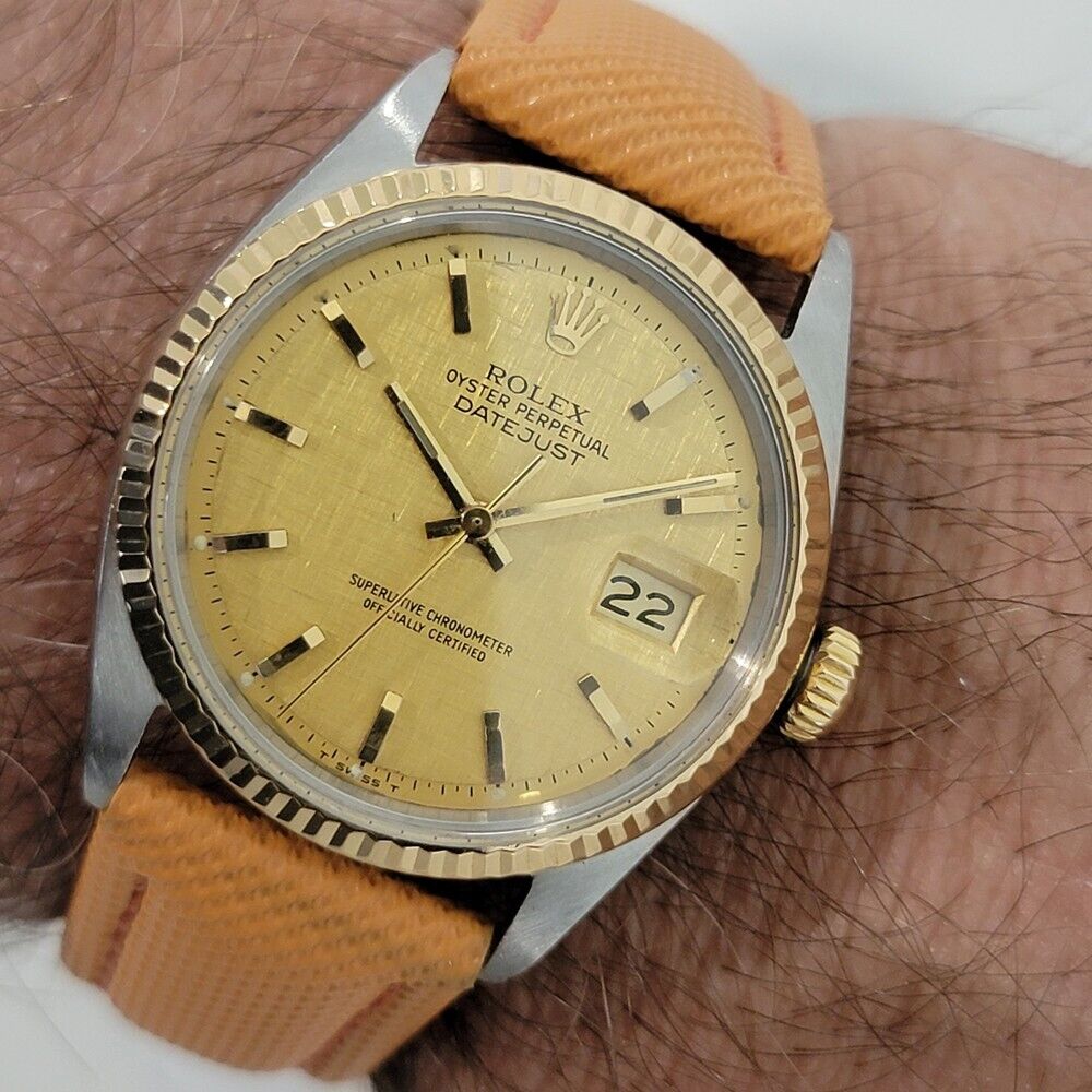 Mens Rolex Oyster Datejust 1601 36mm 18k SS Automatic 1970s Linen Dial RJC141T