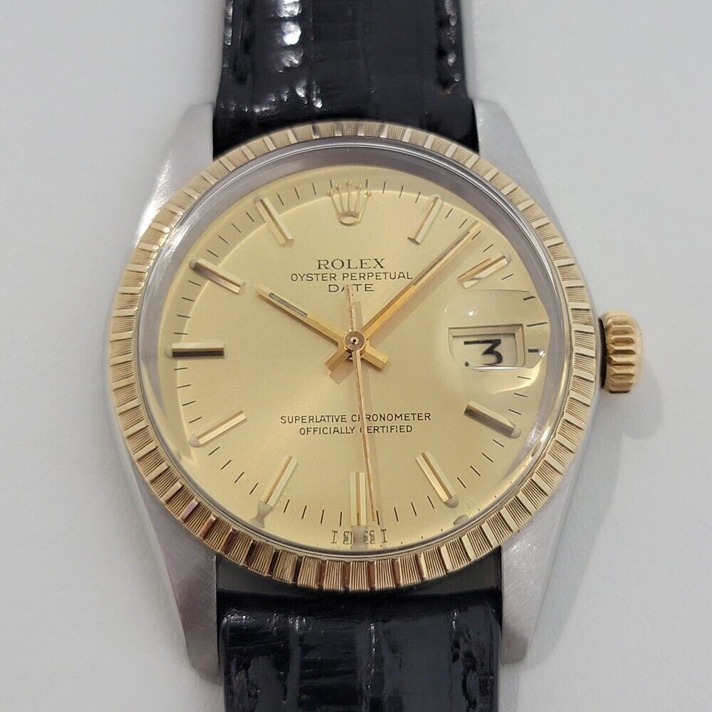 Mens Rolex Oyster Perpetual Date 1505 35mm 14k Gold ss 1970s Automatic RA165B