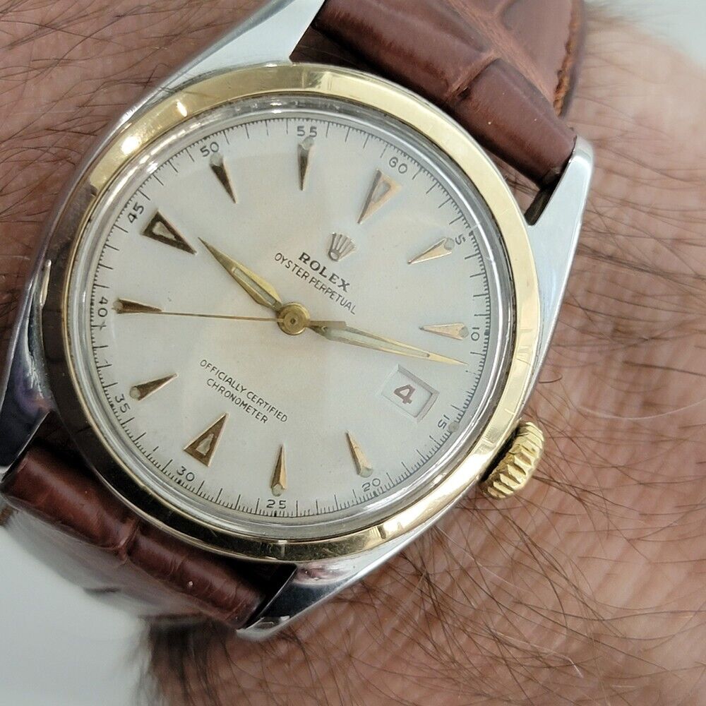 Mens Rolex Oyster Perpetual Ref 6105 18K SS Rare Red Date Automatic 1960s RA311B