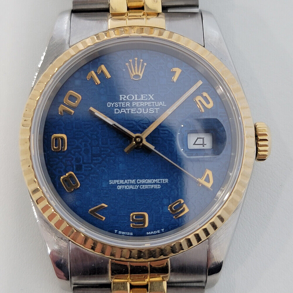 Mens Rolex Datejust 16233 Blue Computer Dial 1980s 36mm 18k Gold SS Swiss RA265