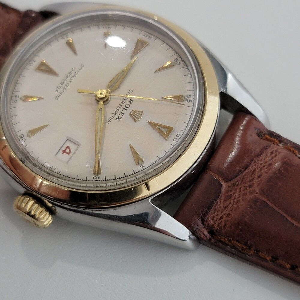 Mens Rolex Oyster Perpetual Ref 6105 18K SS Rare Red Date Automatic 1960s RA311B