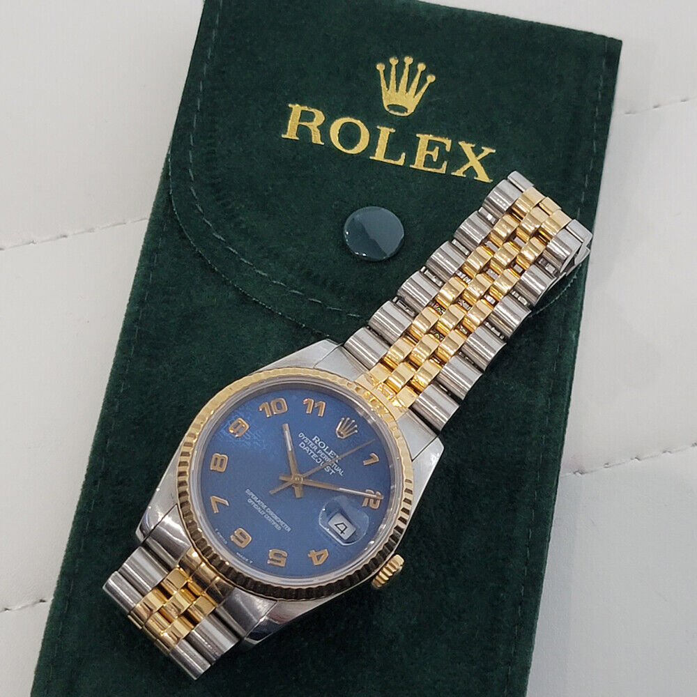 Mens Rolex Datejust 16233 Blue Computer Dial 1980s 36mm 18k Gold SS Swiss RA265