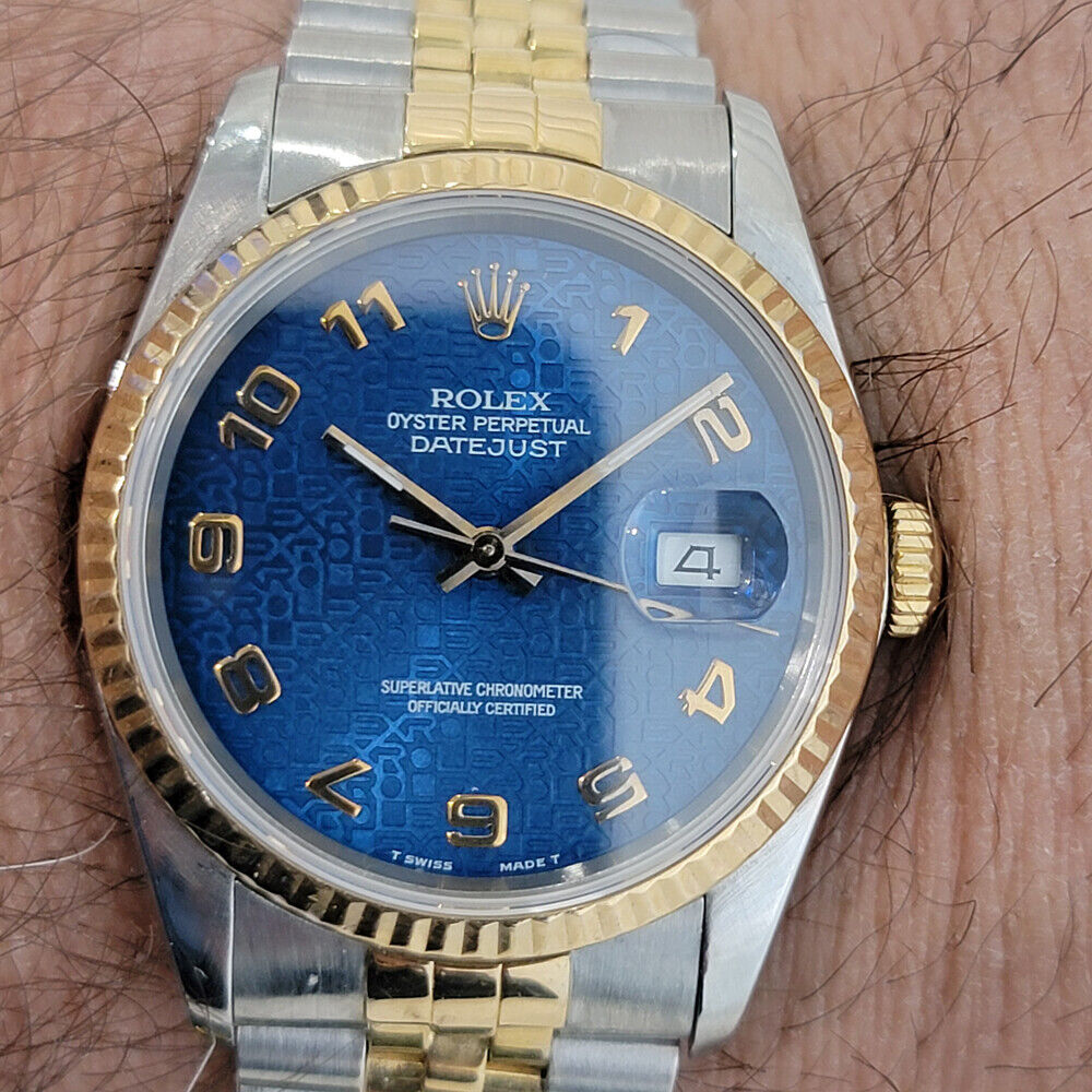 Mens Rolex Datejust 16233 Blue Computer Dial 1980s 36mm 18k Gold SS Swiss RA265