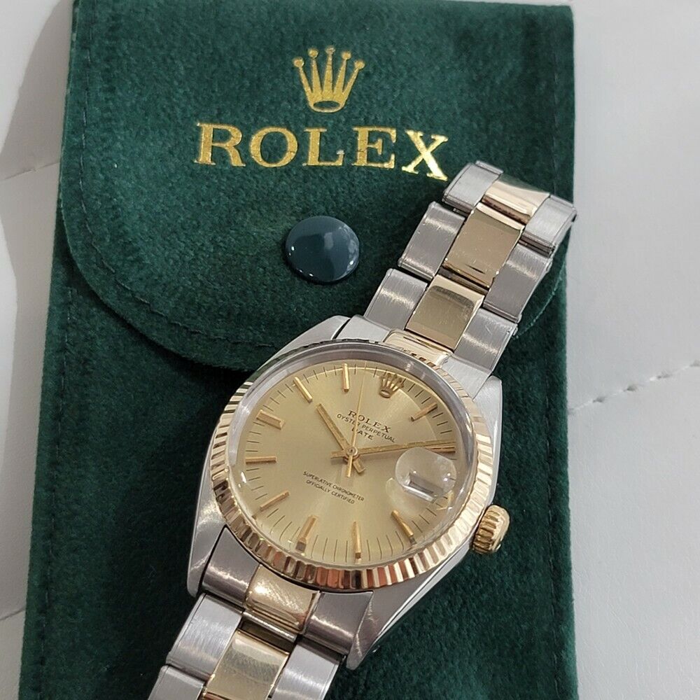 Mens Rolex Oyster Date 1500 35mm 14k Gold ss 1960s Swiss Automatic w Pouch RA166